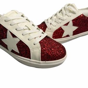 "PARTY" Women's Glitter Fashion Star Sneakers/Red & White/Size: 10